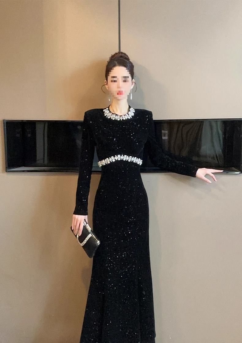 European-style Black For Women, Spring Collection, Heavy-duty Rhinestone Embellished Party Gown, Light Luxury Fishtail_ecoleips.com
