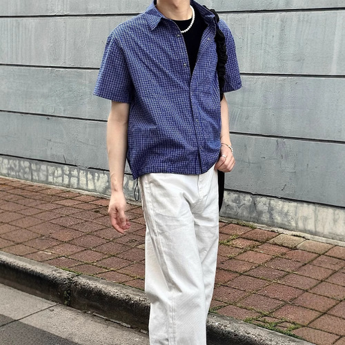Royal Blue Striped Short-Sleeve Shirt for Men - Summer High-End Rope Drawstring Plaid Blazer - Old Money Style Half-Sleeve Outerwear