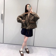 25秋冬新款南油高定miu简约百搭休闲长袖翻领菱格纹短款棉服外套