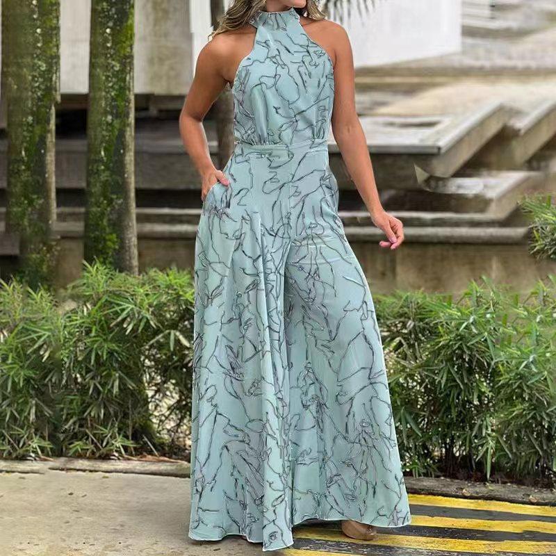 2022 verano europeo y americano ropa de mujer Amazon elegante cintura con cordones de manga larga Halter pantalones impresos mono