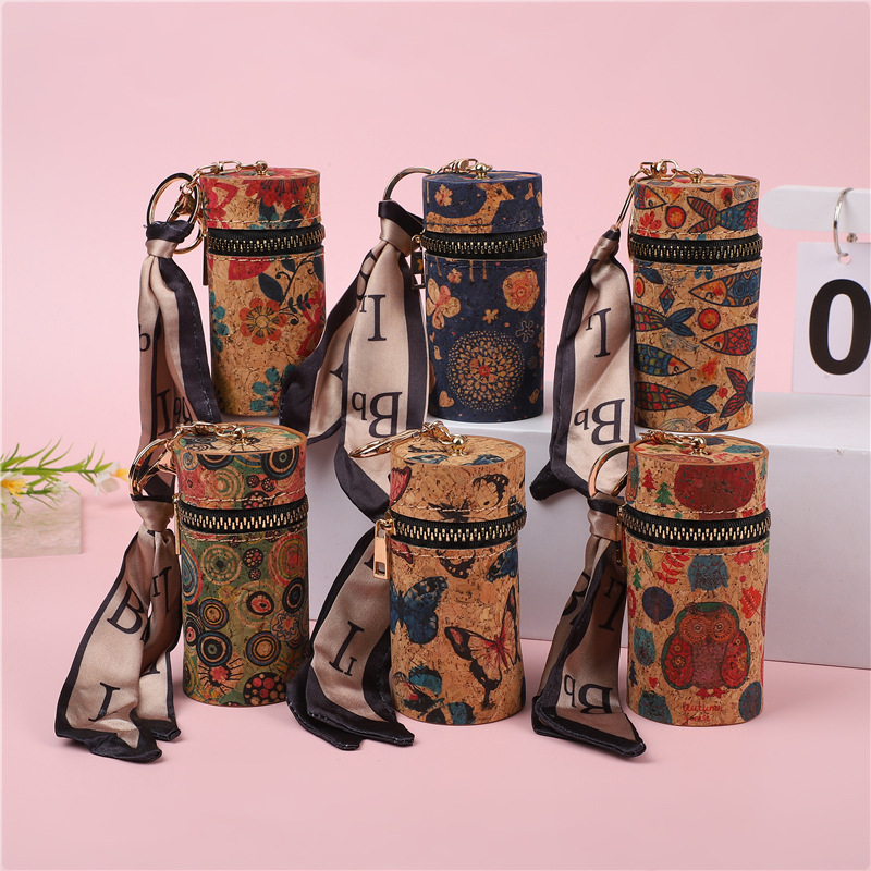 European and American Retro Paper Wood Grain Lipstick Bag Barrel Fashion Student Coin Bag Portable Multi-Functional Bag Pendant