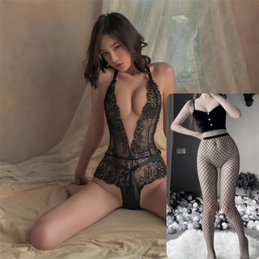 Lencería sexy uniforme sexy tentación traje de encaje ajustado de una pieza pijama de encaje transparente sin pestañas para el cabello