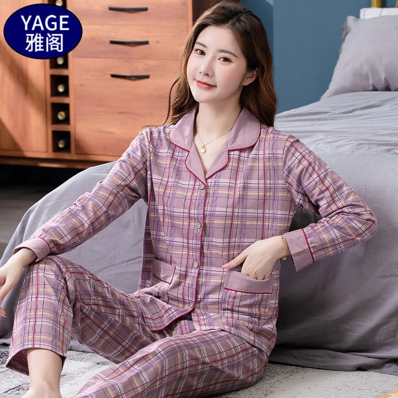 Pijamas de algodón puro Primavera y otoño de las mujeres de manga larga más tamaño cardigan traje de mediana edad y ancianos madre pijamas Otoño e Invierno