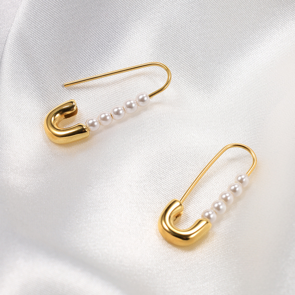 1 Pair Elegant Paper Clip Stainless Steel Inlay Artificial Pearls Earrings display picture 3