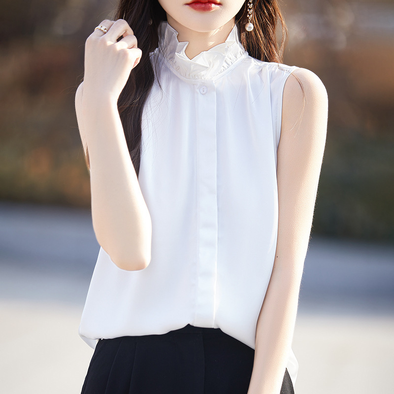 Wooden ear sleeveless shirt spring and summer new pure color elegant half turtleneck inner wear outer wear cardigan stacked satin vest