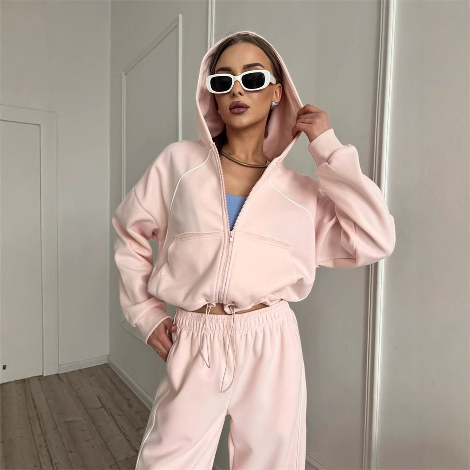 Amazon Cross-Border Casual Sports Women's Suit Solid Color Long-Sleeved Zipper Cardigan Jacket Elastic Trousers Two-Piece Set