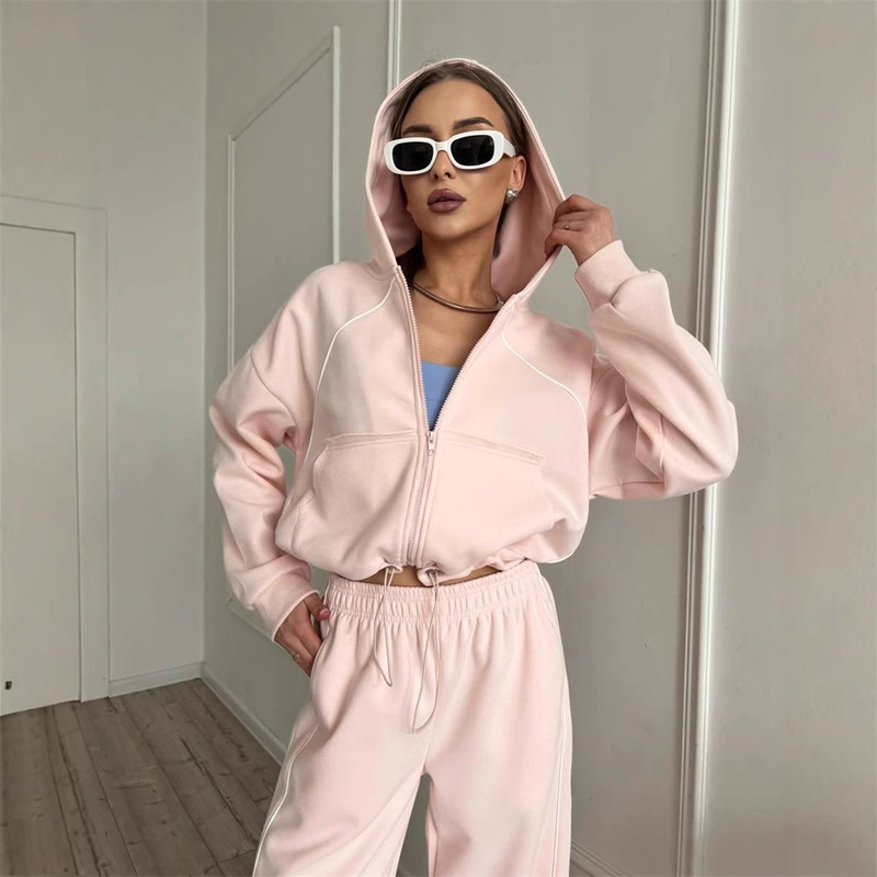 Amazon Cross-Border Casual Sports Women's Suit Solid Color Long-Sleeved Zipper Cardigan Jacket Elastic Trousers Two-Piece Set