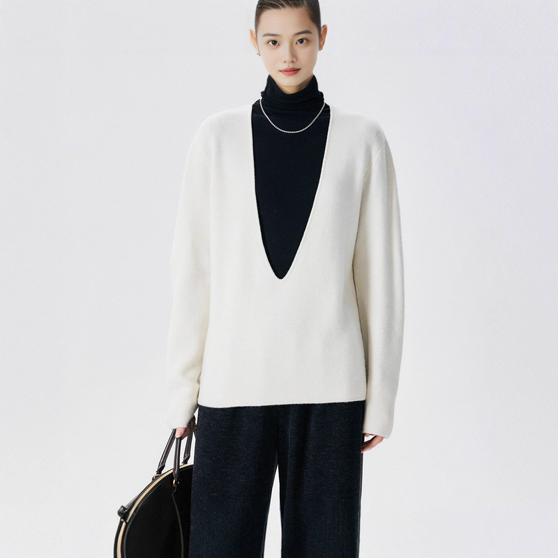 Factory Direct Sales Rolled Edge Deep V Neck Wool Silhouette Layered French Casual Cloud Soft and Relaxed Knitted Pullover