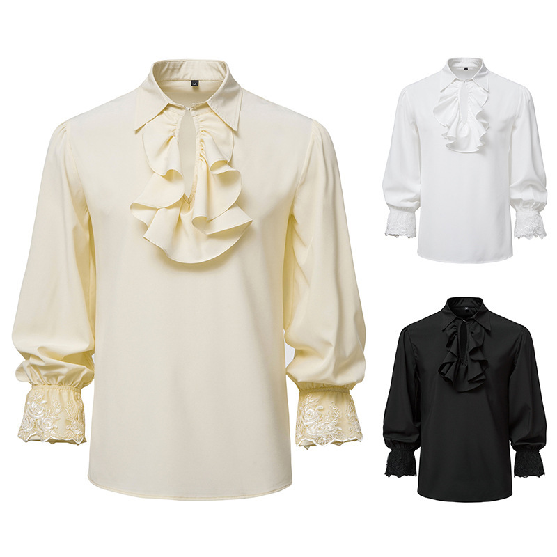 European court drama play men's solid color plus size long sleeve shirt steampunk gothic ruffle shirt gig