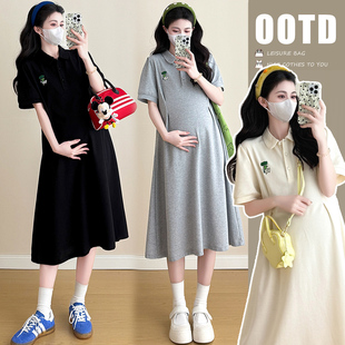 Maternity Summer Dress Mid-Length 2025 New Korean Style Maternity Wear Loose Polo Collar T-Shirt Slimming Look