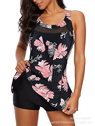 Traje de Baño de Una Pieza con Falda para Mujer de Nailon con Control de Abdomen y Cuello en V