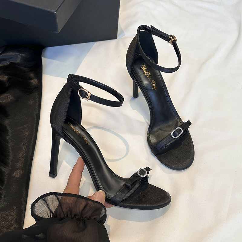 2025 Summer New Women's Sandals Stiletto Heel Round Toe Open Toe Bow Satin Strap Korean Style Sexy High Heels
