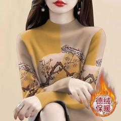 徳絨毛の半高襟の底のシャツの女性の中に秋冬の新型の長袖のtシャツを掛けてやせています。