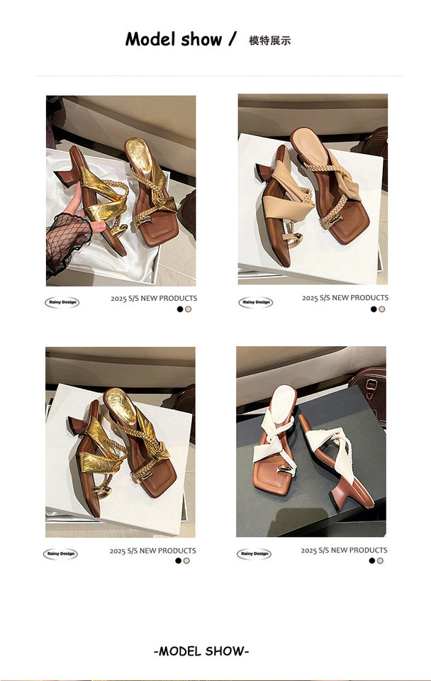Dép sandal nữ quai hậu gót cao kiểu Pháp cổ điển, mũi vuông, đi chơi và nghỉ dưỡng — Màu kaki, Màu trắng be, Màu vàng chi tiết 8