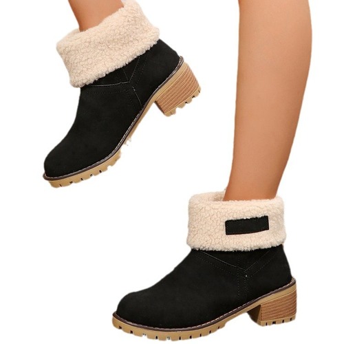 Women's Winter European and American Plus Size Snow Boots, One Shoe Two Ways, Thick Heel Medium Calf Boots for Girls