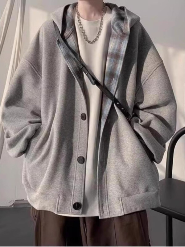 美式复古灰色连帽卫衣男女春秋oversize外套韩系宽松慵懒风外套潮|undefined