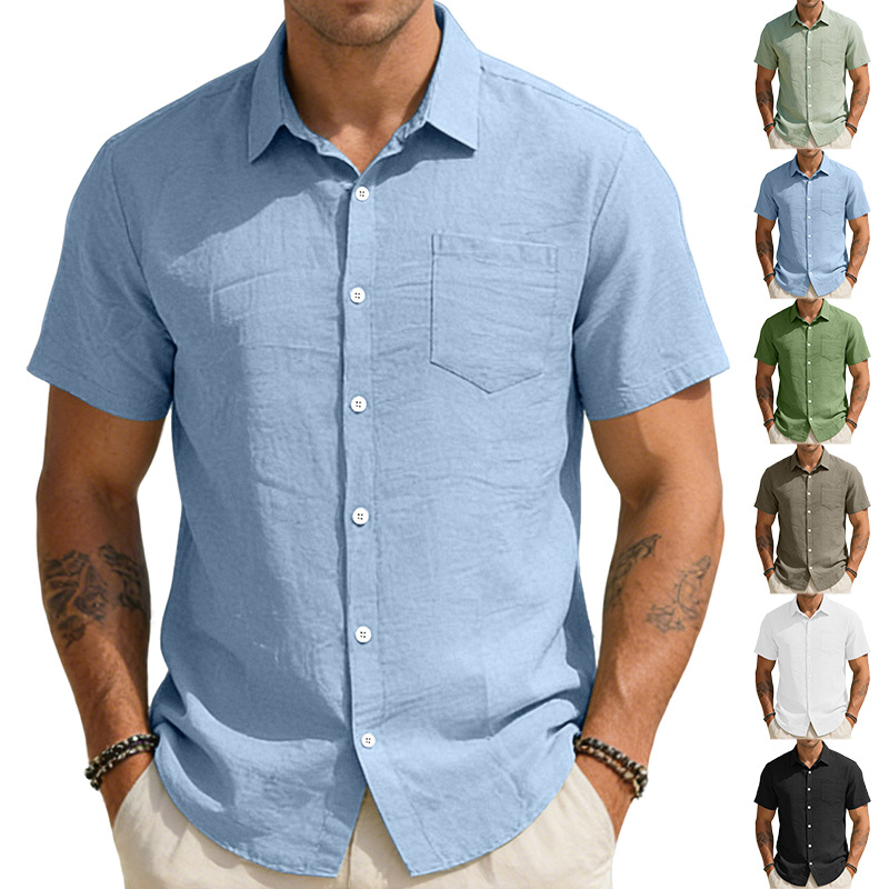 Nuevo cross-border hombre suelto de color sólido mangas corta mangas de bolsillo cardigan camisa de comercio exterior casual hombre