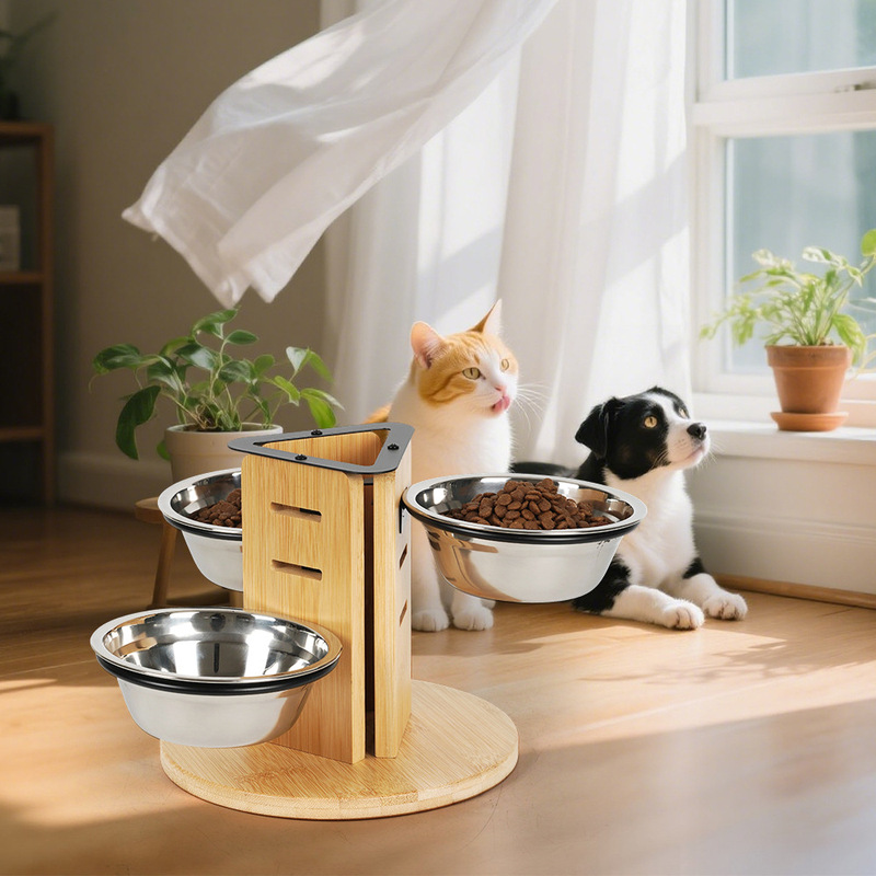 Lift-Type Cat Bowl with Multiple Levels and Adjustable Height Cat Bowl Stand Amazon Iron Wood Elevated Cat Bowl 3 Bowls for Multiple Cats