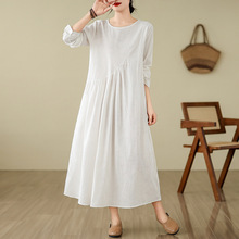 实拍2024年秋季新款棉麻文艺复古宽松大码纯色提花中长款连衣裙女