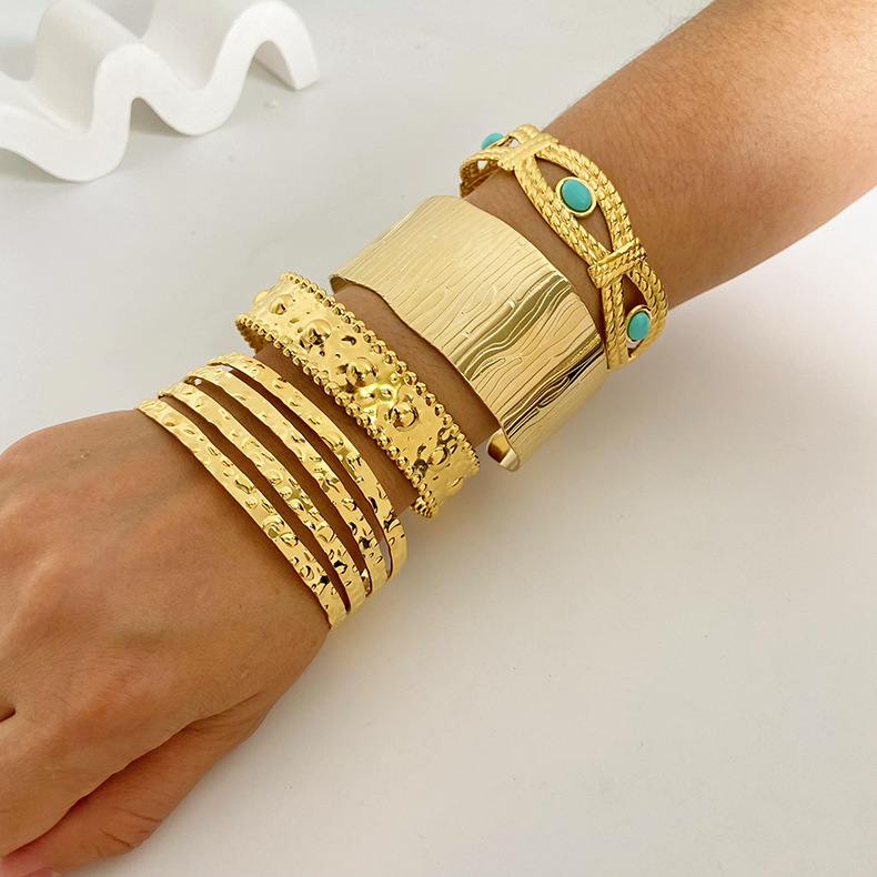 Real Gold Plated Plating Material December Birthstone Turquoise Inlay Material Bangle Classification PVD Coated Real Gold Plated 18K Gold Eye Solid Color Flower 304 Stainless Steel Vintage Style Waterproof Non Tarnish 304 Stainless Steel Bangle