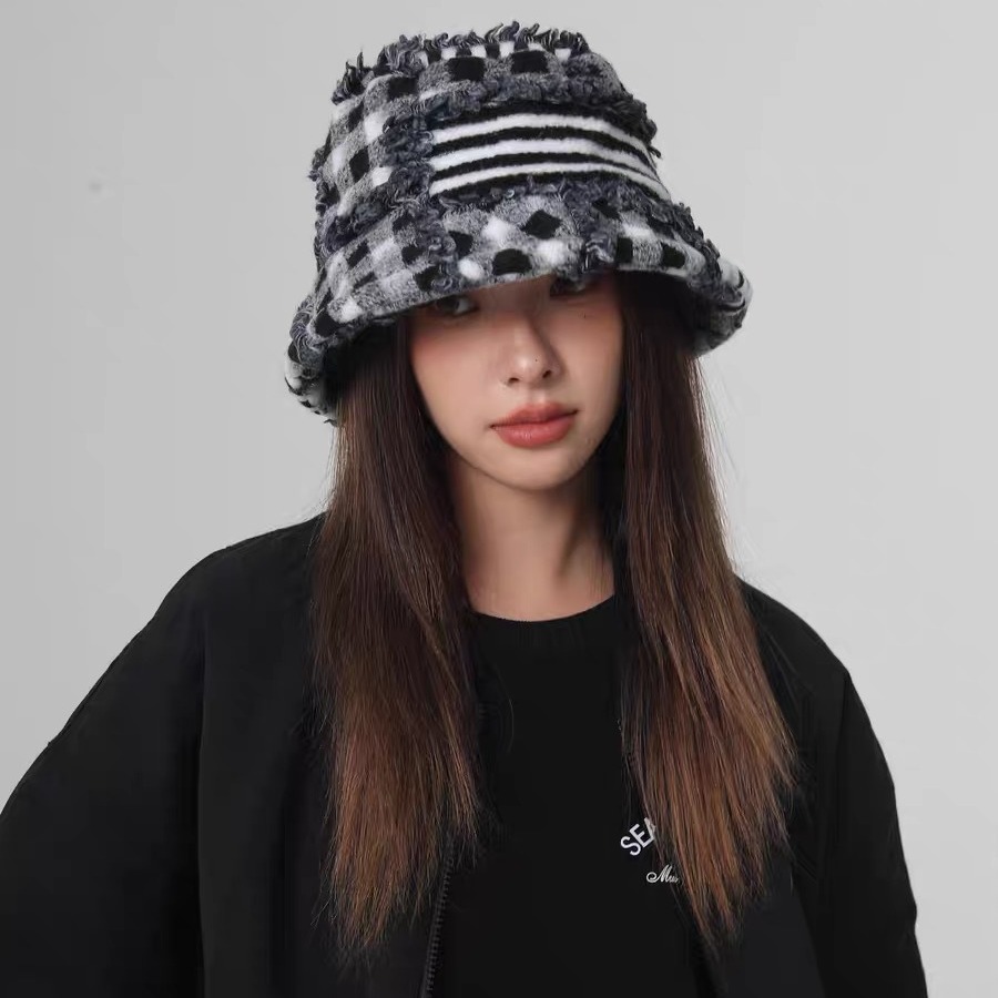 韩国时尚设计新款小众拼布帽子女灰色渔夫帽显脸小日系ins盆帽冬