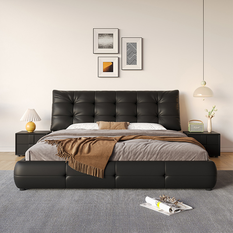 Italian-Style Light Luxury Black Leather Bed High-End and Elegant 1.8m Double Master Bedroom Large Bed 2025 New Solid Wood Upholstered Bed