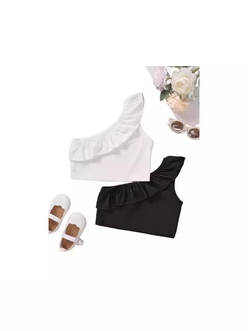 Niñas de verano bebé extranjero estilo de moda personalidad de niños coreano corto encaje hombro abierto chaleco de hombro irregular