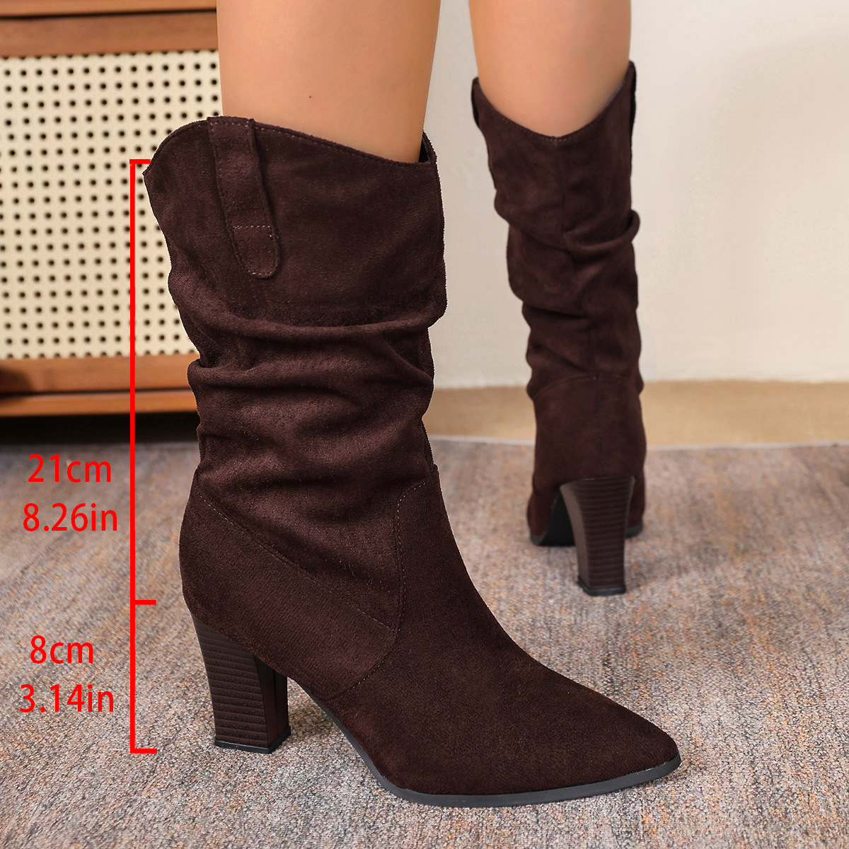 Women's Suede Pointed Toe High Heeled Cowboy Boots Mid Calf Winter_voghion.com