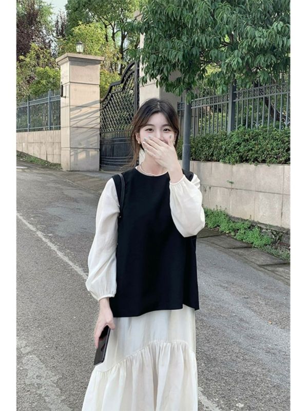 甜美减龄套装女初秋温柔系巨显瘦遮肉黑色马甲搭配长袖白色连衣裙|undefined