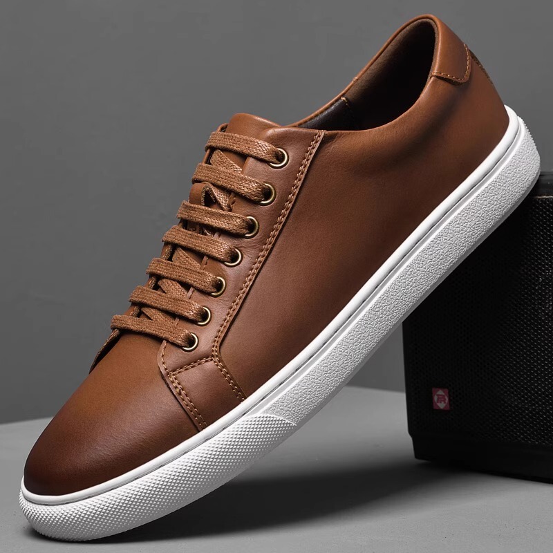 Cross-Border Business Sneakers for Men 2025 New Genuine Leather Casual Shoes for Men Lace-Up Brown Leather Shoes Youth Fashion Shoes
