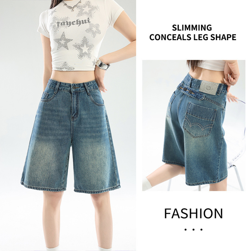 Pantalones jeans de cintura alta y piernas anchas de cinco puntos para mujeres verano de 2026 delgado recto delgado tamaño grande gordo mm pantalones de cintura elástica