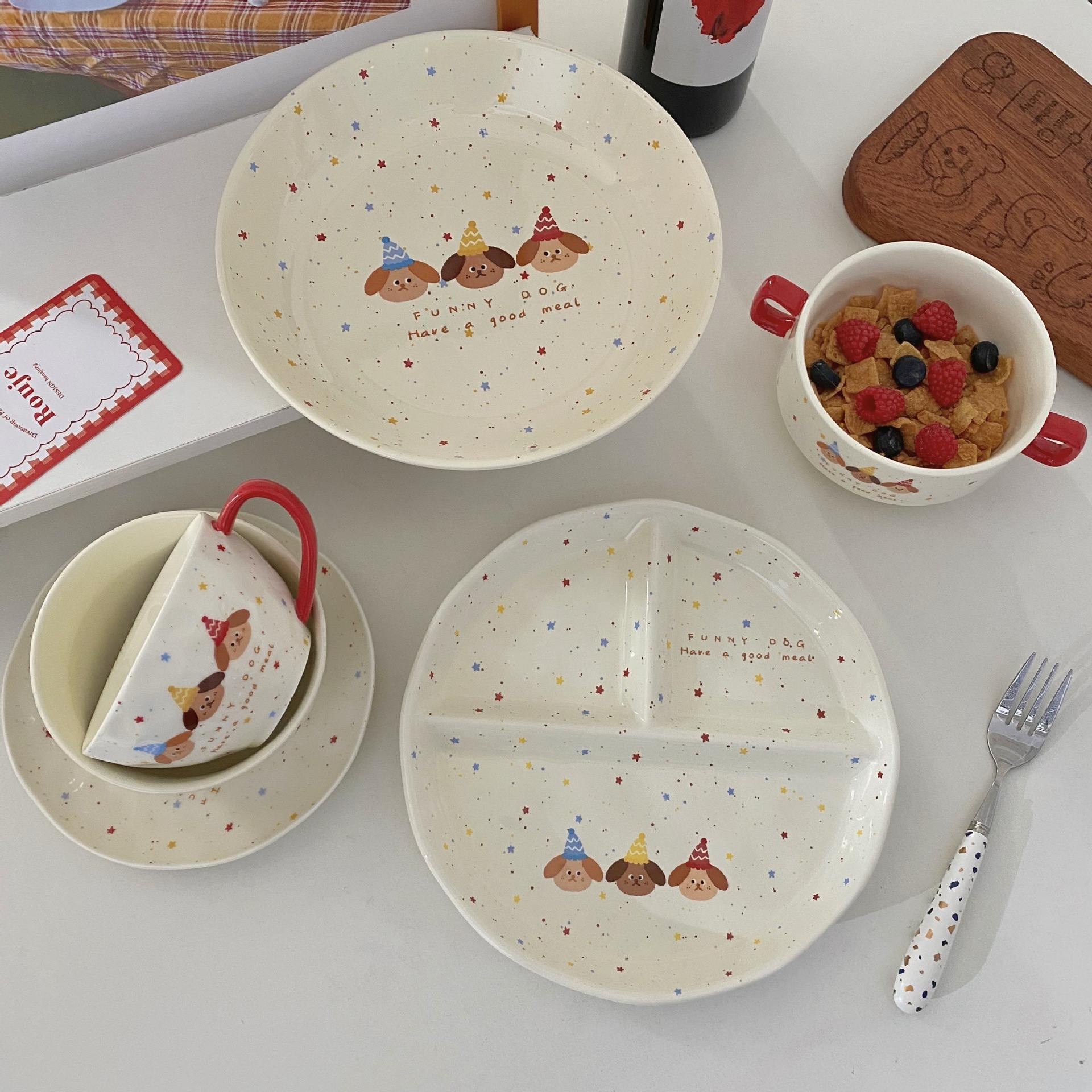 ins style korean style polka dot puppy plate creative household dinner plate grid plate rice bowl cute ceramic cup dish