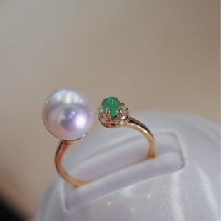 18K Gold Accessories Emerald Diamond Open Ring Main E0.2Ct Secondary D0.1Ct Picture with 9-10mm Beads Without Beads