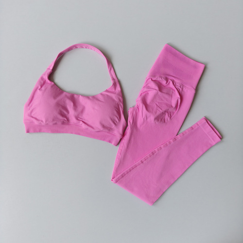 European and American seamless halterneck beauty-back push-up sports bra + high-waisted tight-fitting hip-lifting workout pants—women's two-piece sports set