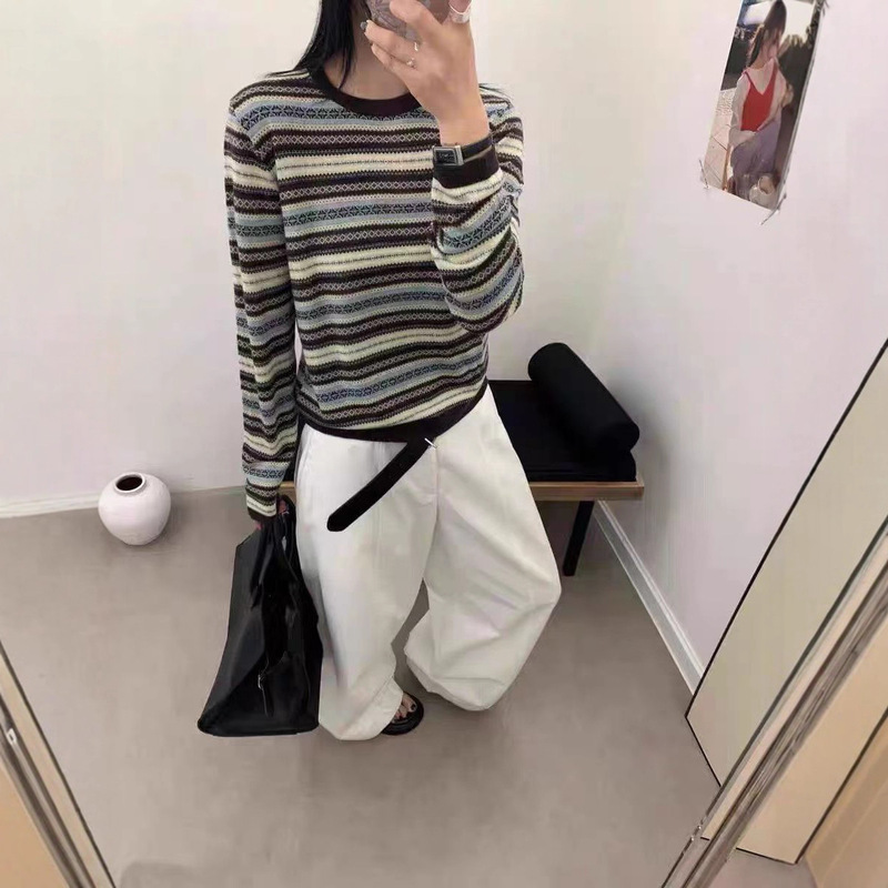 设计感复古条纹针织衫女2025新款韩系穿搭上衣秋季薄款毛衣打底衫|undefined