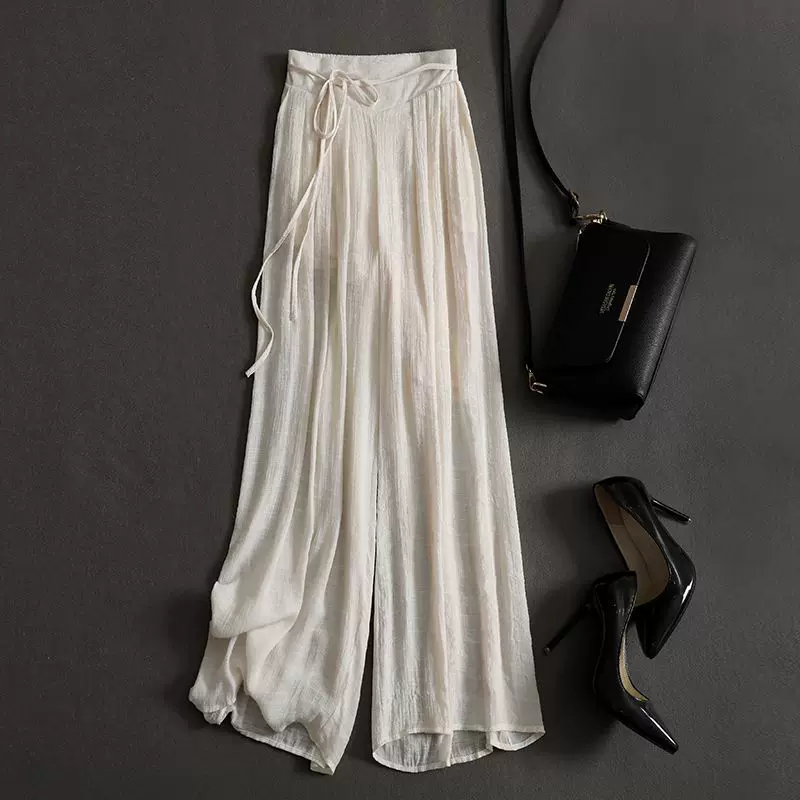 轻奢高端棉麻飘飘裤夏季百褶肌理褶皱垂感宽松显瘦休闲阔腿裙裤女