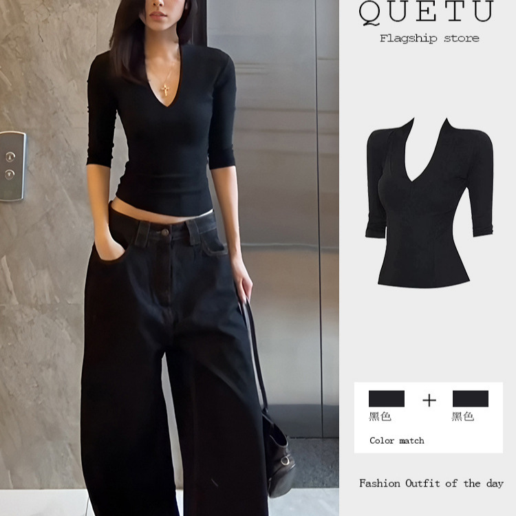 Spicy Girl Style V-Neck Black T-Shirt for Women, New Autumn Design, Unique and Chic, Slim Fit, Mid-Sleeve Short Top