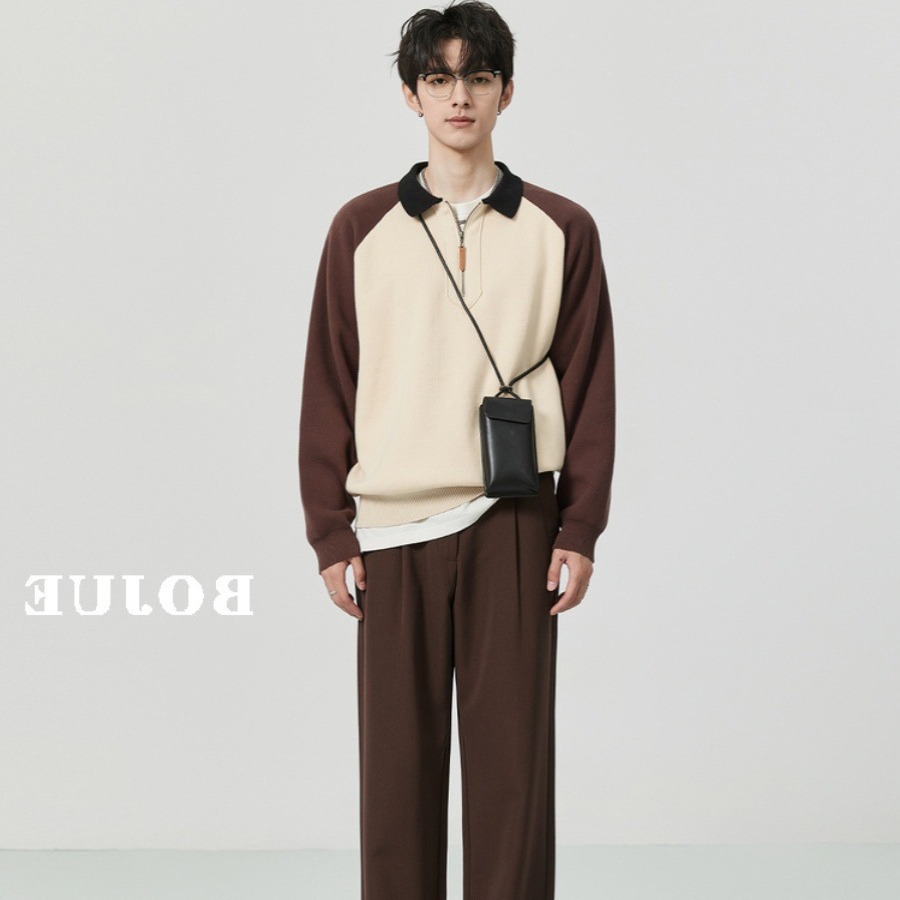 Otoño e invierno contraste color media cremallera Polo cuello suéter cálido manga larga superior suéter de los hombres de estilo coreano abrigo de los hombres