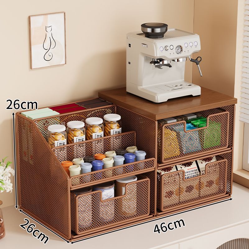 Vintage Iron and Wood Artistic Coffee Machine Shelf, Tabletop Storage, Bar Cabinet with Drawers, Multi-layer Shelf