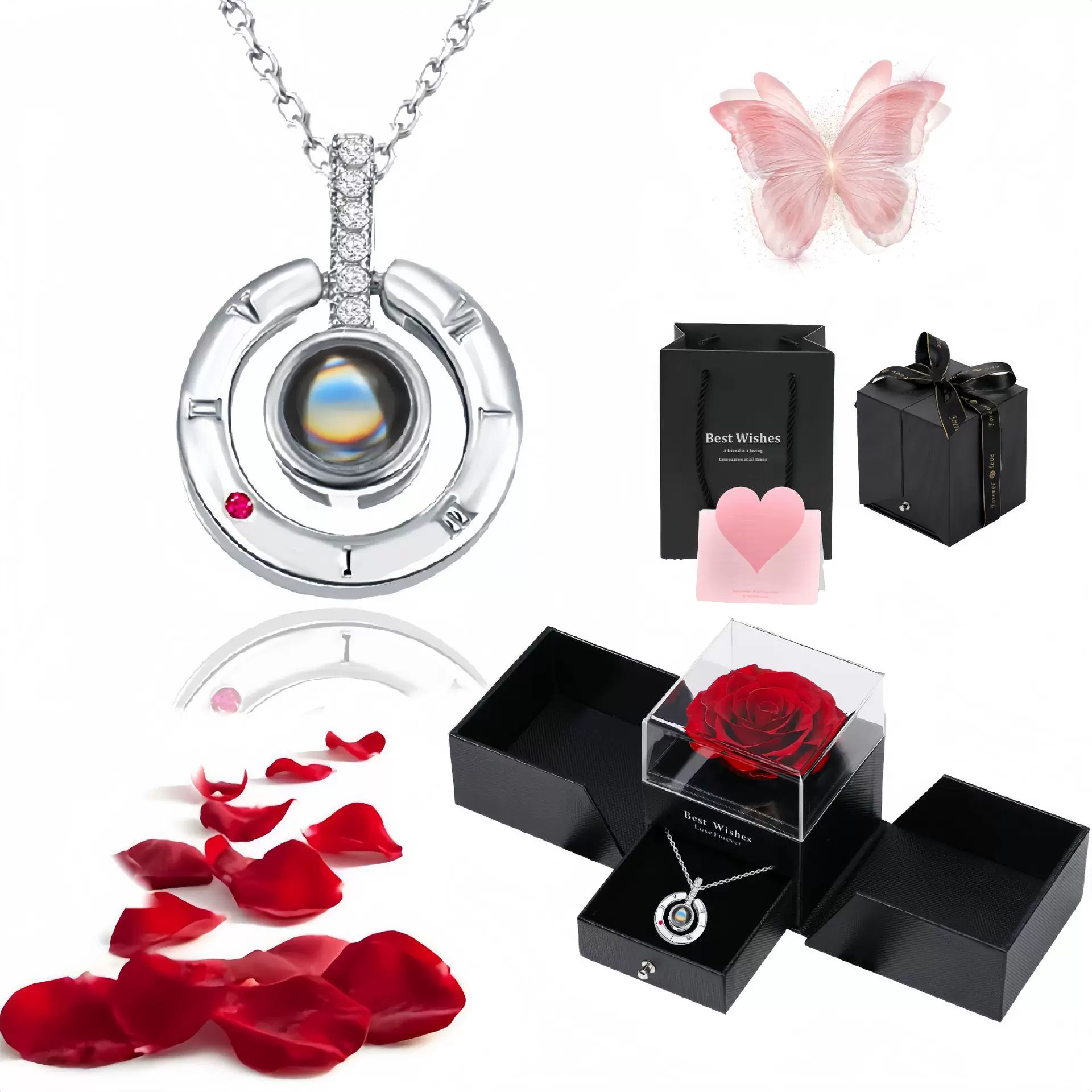 跨境Ozon爆款圆形罗马数字100种我爱你语言投影项链时尚不锈钢链