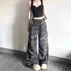 【韩牛】美式复古迷彩工装牛仔裤女高腰阔腿裤抽绳束脚设计直筒裤
