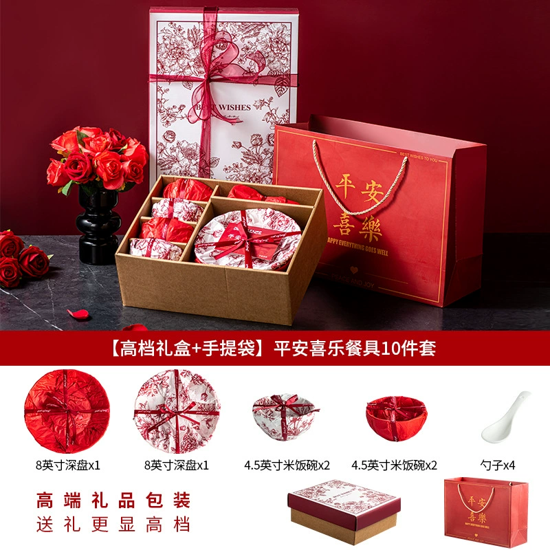 Ceramic Tableware Festive Gift Set, Dinnerware for 4–6, Bowls Plates Spoons & Gift Bag