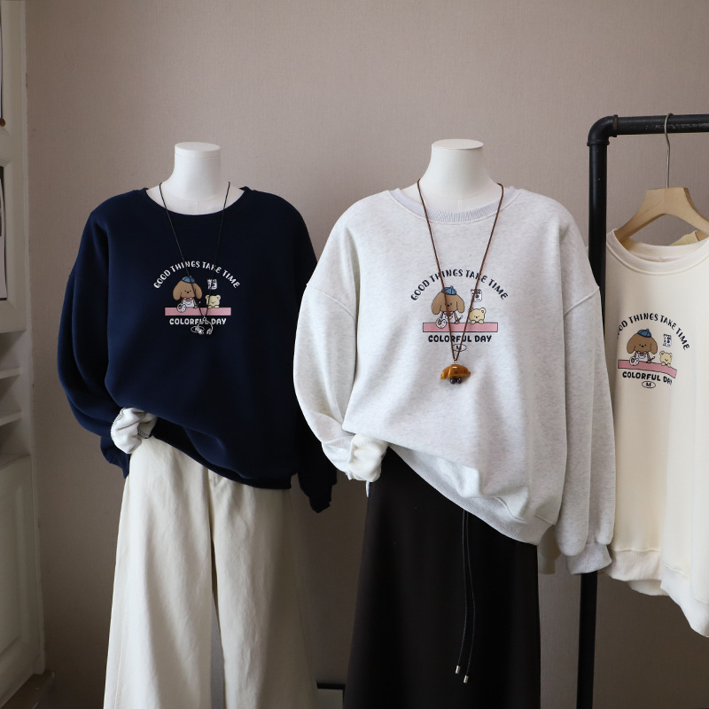 [比正]2025冬季新款韩版字母卡通印花加绒加厚宽松套头卫衣女5370