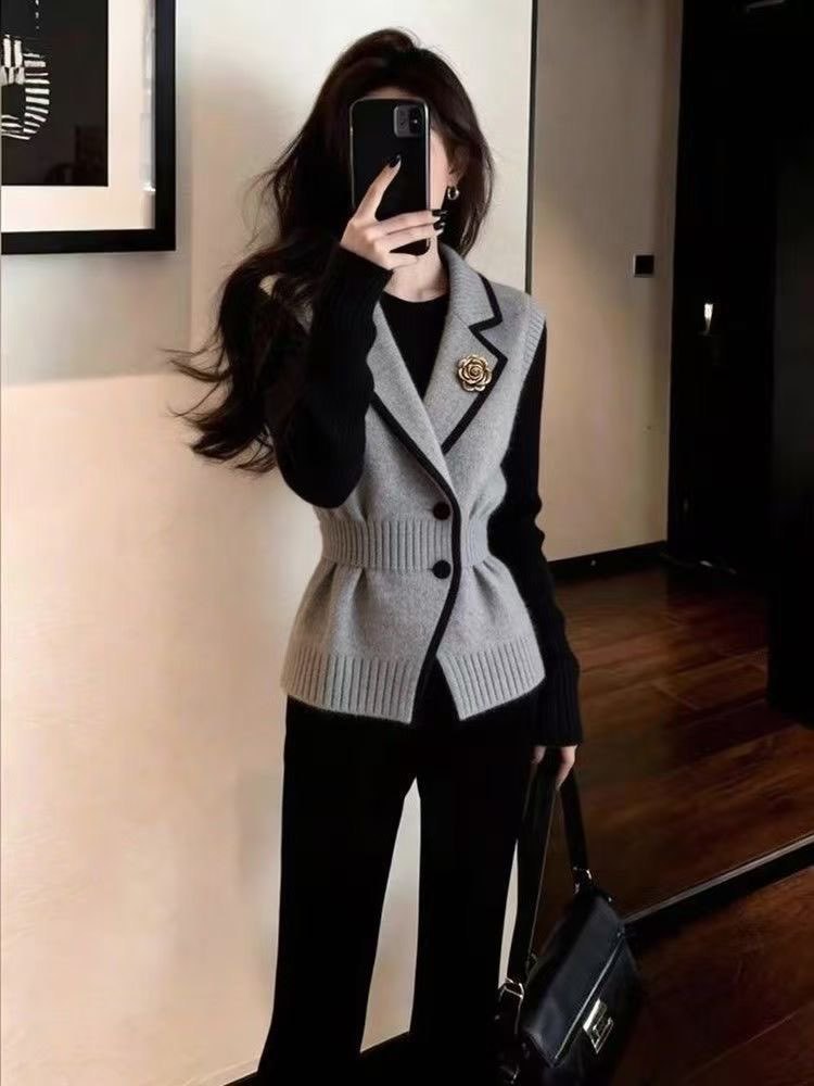 Áo gile len nữ phong cách Pháp dệt kim màu xám ôm eo — màu xám