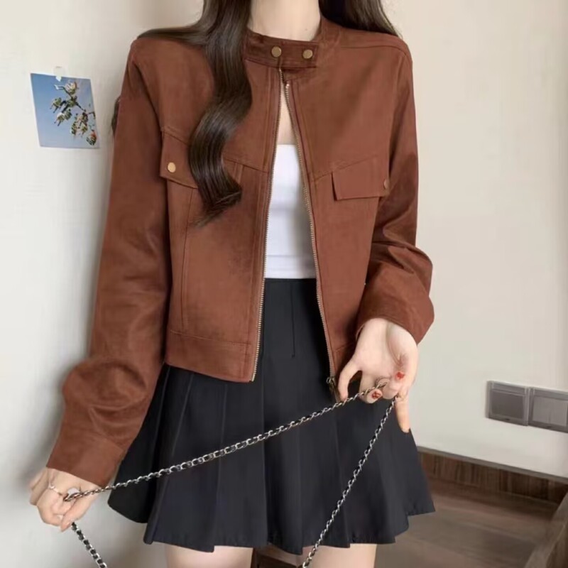 美拉德麂皮绒立领休闲夹克外套女秋季2025新款小个子长袖短款上衣|undefined