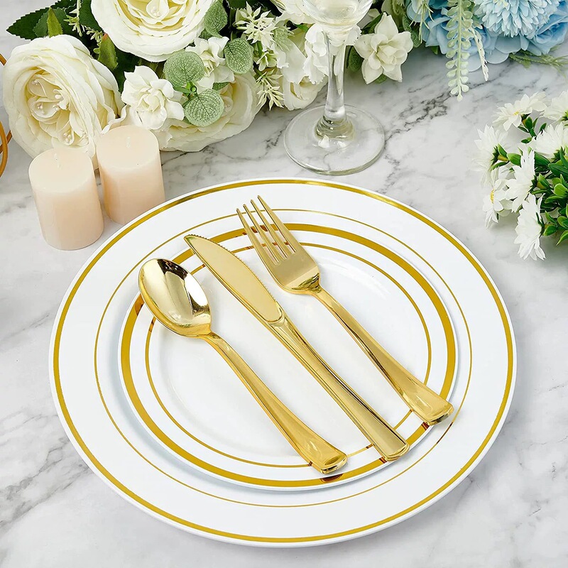 Amazon cross-border PS plastic UV plating golden disposable knife and fork spoon birthday wedding cross-border party tableware