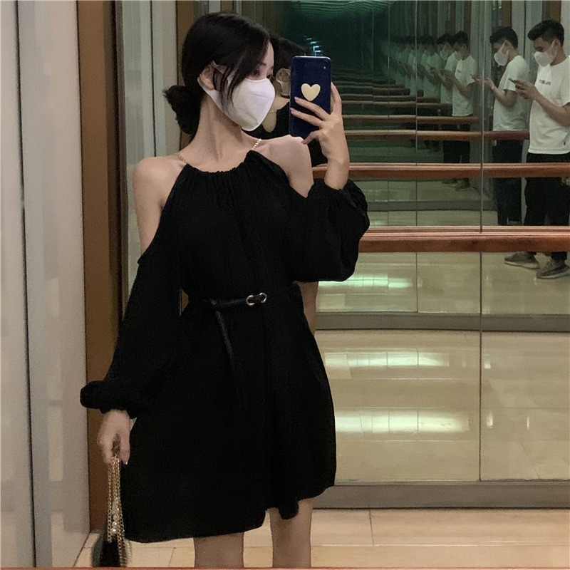 2025 新韓国デザインオフショルダールーズ長袖ドレス女性のための秋のホルターネック A ラインスカートウエスト痩身|undefined
