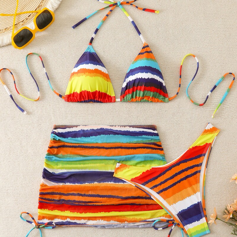 2026 European and American Halter Neck Bikini Striped Three-Piece Swimsuit Bikini 2026 New Bikini Trending Keywords