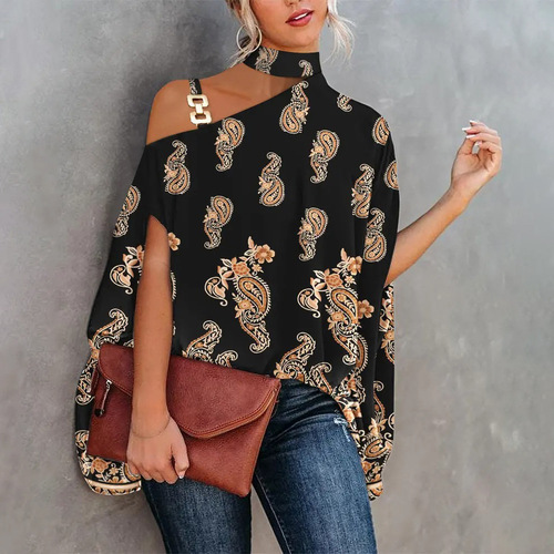 Summer Wish Women's Printed Sexy Slit Collar Loose Top M10056