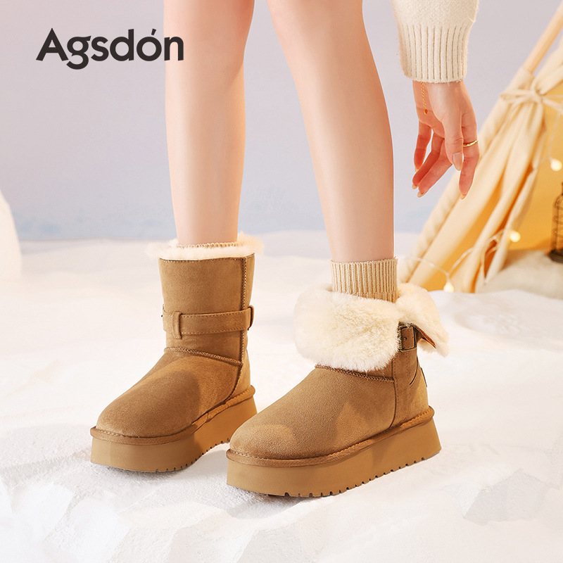 Botas de nieve de fondo grueso para mujeres 2025 nuevas botas de invierno de lana gruesa dobladas dos botas de algodón de lana